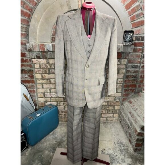 suit 3 piece plaid black brown red 1980s - Picture 13 of 16